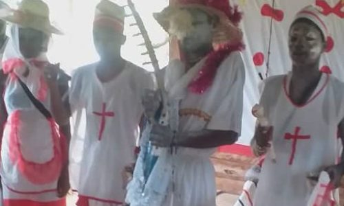 Bwiti Harp player at traditional Bwiti Iboga initiation ceremony in Gabon